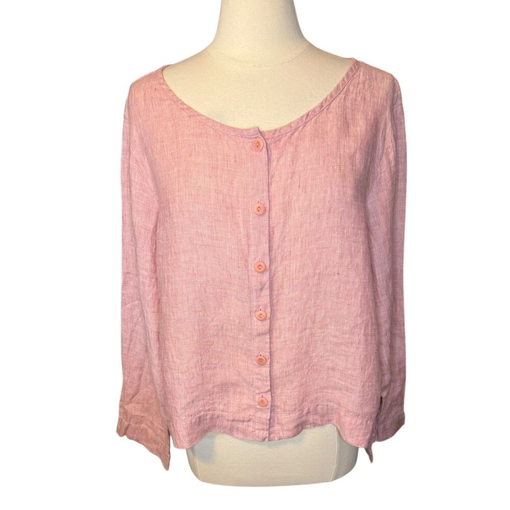 FLAX 100% Linen Pink Long Sleeve Button Down Top Women's Large Minimal